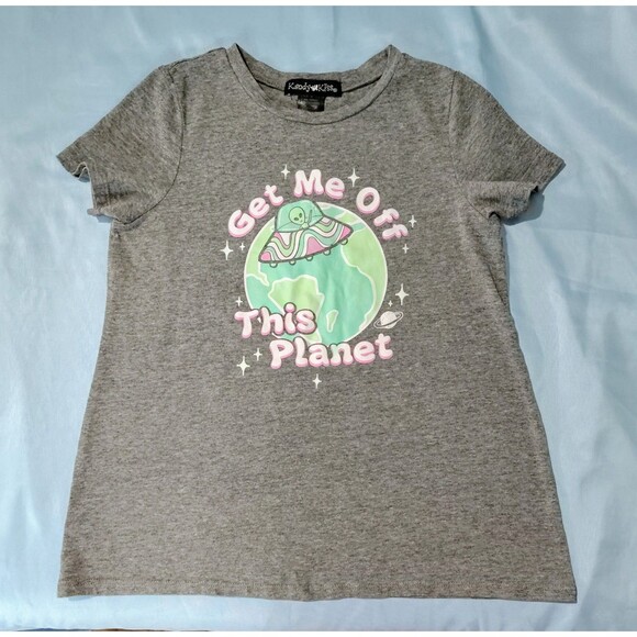 Kandy Kiss Shirt Girls Medium Gray Alien Get Me Off This Planet Graphic Tee Top - Picture 2 of 12